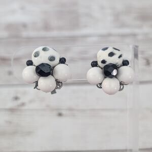 Vintage Clip On Earrings Black & White Cluster with Spotted Design 7/8"